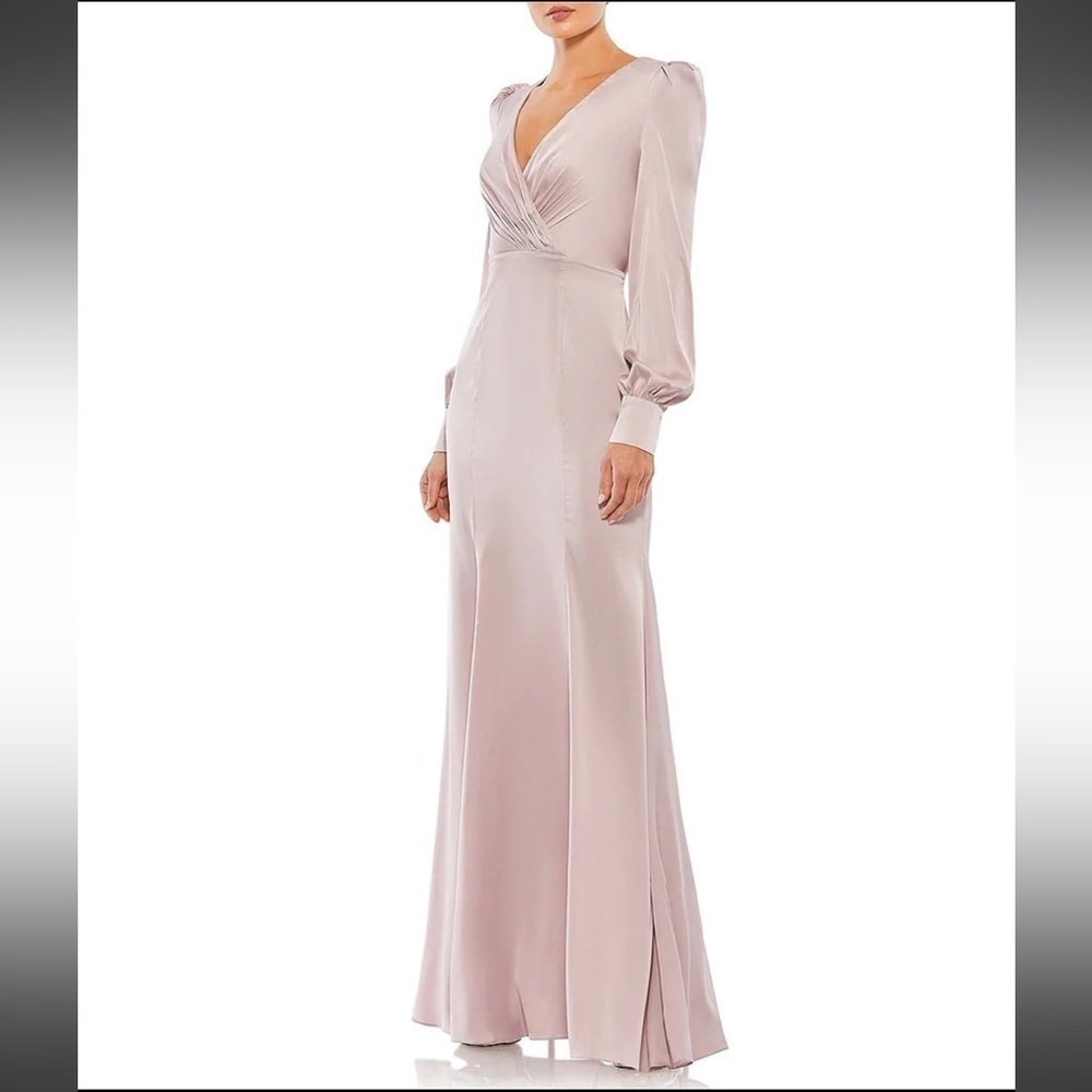 NWT Ieena for Mac Duggal Satin Surplice Bishop Sleeve Ruched A-Line Gown Sz 4